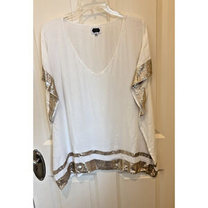 Mud Pie Top Women One Size White Gold Sequin Boxy Cap Sleeve V Neck Blouse